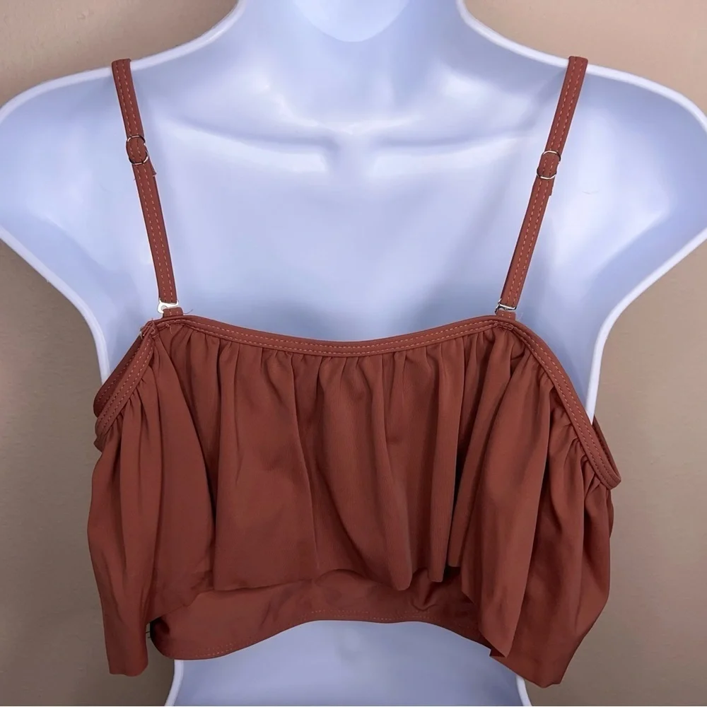Large Tan Brown White Two Piece Swimsuit Womens Ruffle Top High Waist Striped